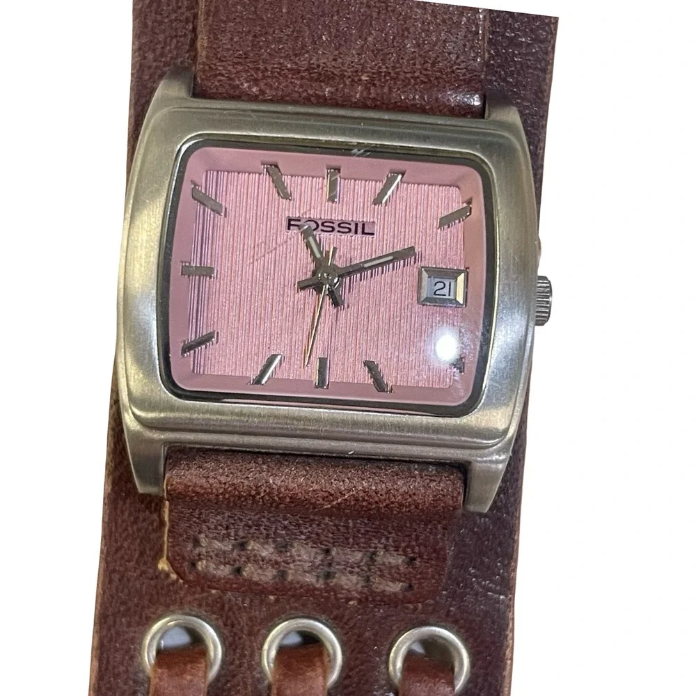 Fossil‎ Womens Leather Cuff Watch Pink Dial Stainless Steel  Brown JR-8641 Y2K